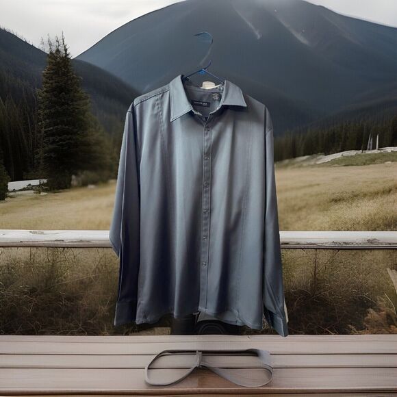 Kenneth Cole Shirt Mens Large Gray Round Snap Tailored Classic Preppy - Picture 1 of 9